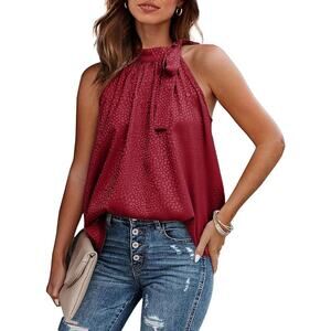 BTFBM Red Sleeveless Mock Neck with Tie Bow Satin Halter Top Size Small